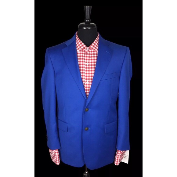 NWT Paul Fredrick Men Blue Wool Metal Logo Button Sport Coat Blazer 40S FLAWS